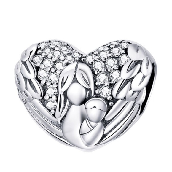 Cubic Zirconia & Sterling Silver Heart Mom & Baby Charm - Picture 1 of 1